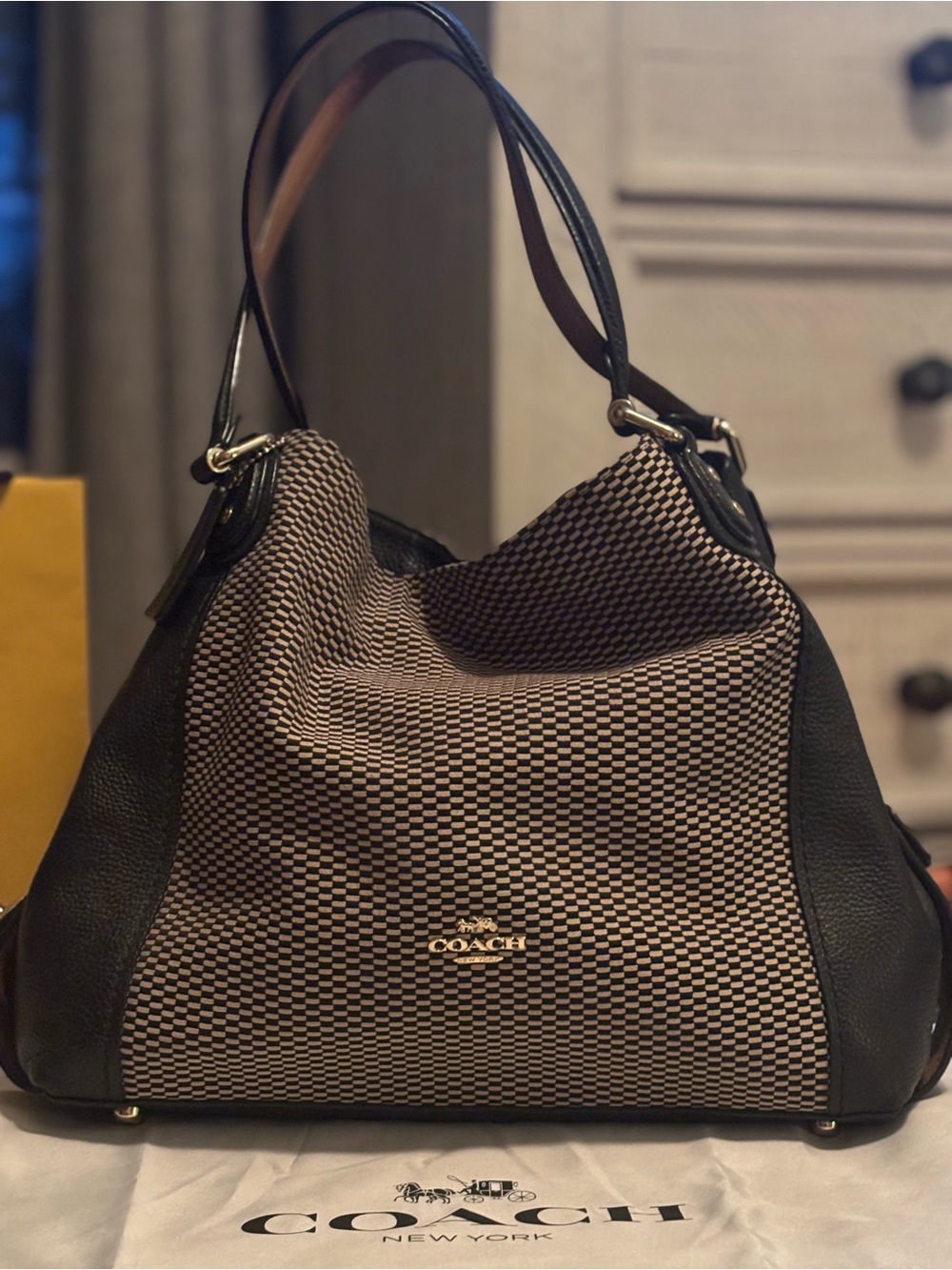 COACH LEGACY EDIE 31, JACQUARD WOVEN FABRIC WITH PEBBLED LEATHER TRIM,BLACK TAN